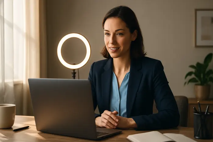 A professional woman in her mid-30s sits at a home office desk, engaged in a virtual interview on her laptop. She is wearing a navy blue blazer over a light blue blouse, looking directly at her webcam with a confident, engaging expression. Her workspace is neat and well-organized with soft, natural lighting from a nearby window illuminating her face evenly. A ring light is positioned behind her laptop, and a small plant and minimalist desk accessories are visible in the background. The wall behind her is a neutral color with simple, professional decor. The image captures the essence of professional virtual interview preparation with attention to lighting, background, and presentation. Photo-realistic, professional photography, high-resolution, natural lighting, authentic details. A professional woman in her mid-30s sits at a home office desk, engaged in a virtual interview on her laptop. She is wearing a navy blue blazer over a light blue blouse, looking directly at her webcam with a confident, engaging expression. Her workspace is neat and well-organized with soft, natural lighting from a nearby window illuminating her face evenly. A ring light is positioned behind her laptop, and a small plant and minimalist desk accessories are visible in the background. The wall behind her is a neutral color with simple, professional decor. The image captures the essence of professional virtual interview preparation with attention to lighting, background, and presentation. Photo-realistic, professional photography, high-resolution, natural lighting, authentic details.